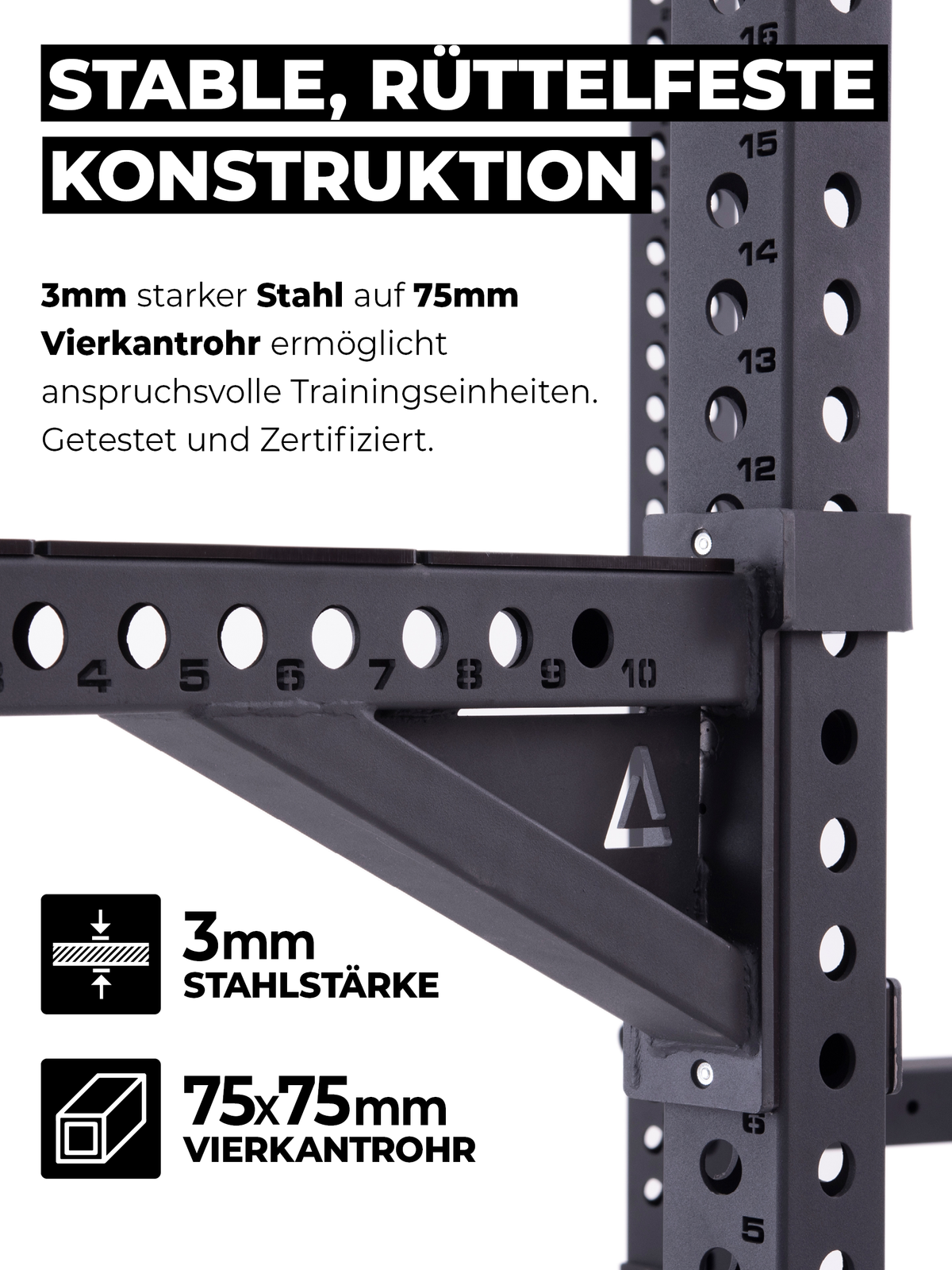 Atletica R8 Bradley Long infographic: 3 mm steel on 3 x 3 inch square tubing