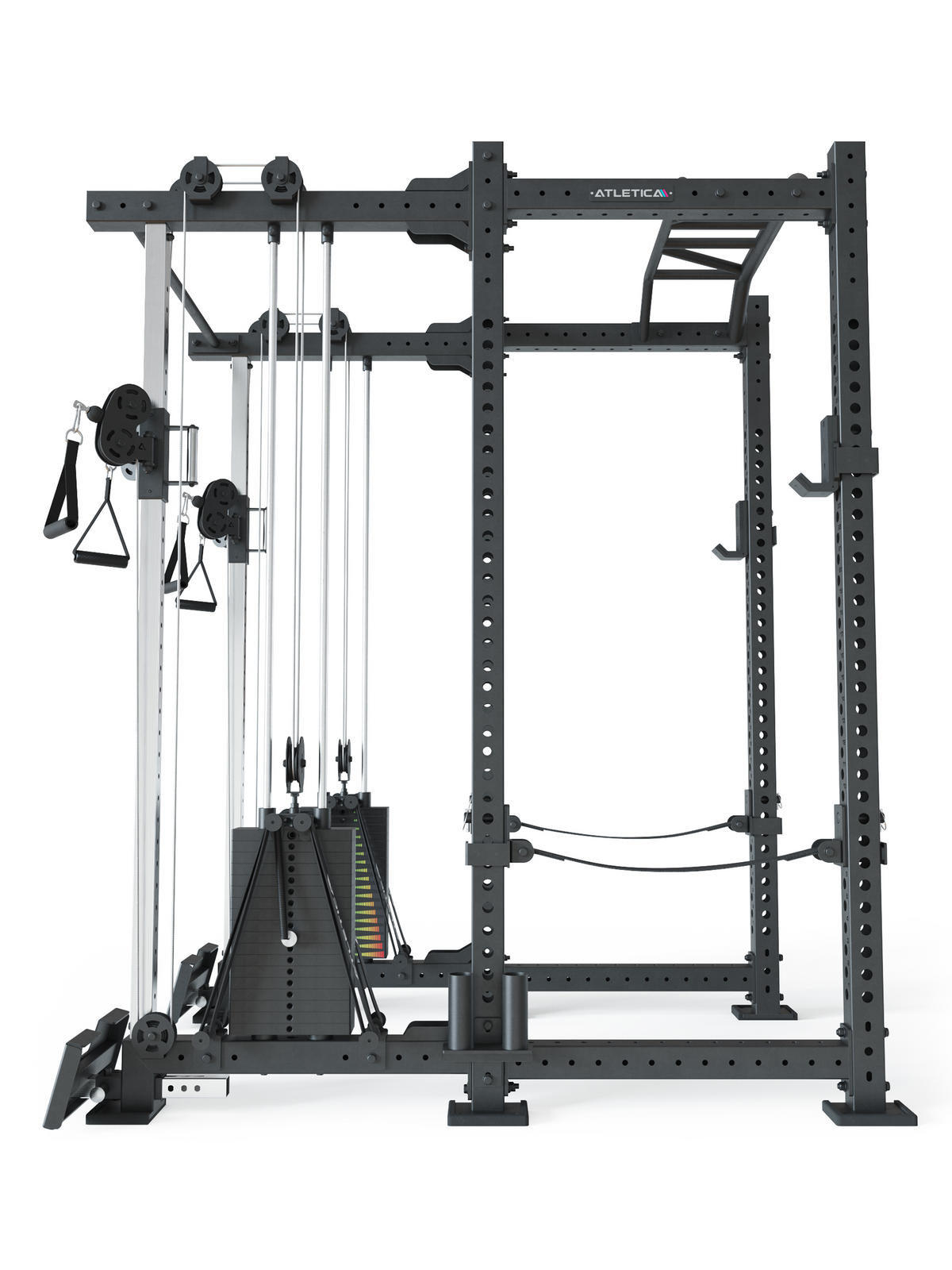 Atletica R8 Duality PRO power rack, medium depth, side view with weight stack