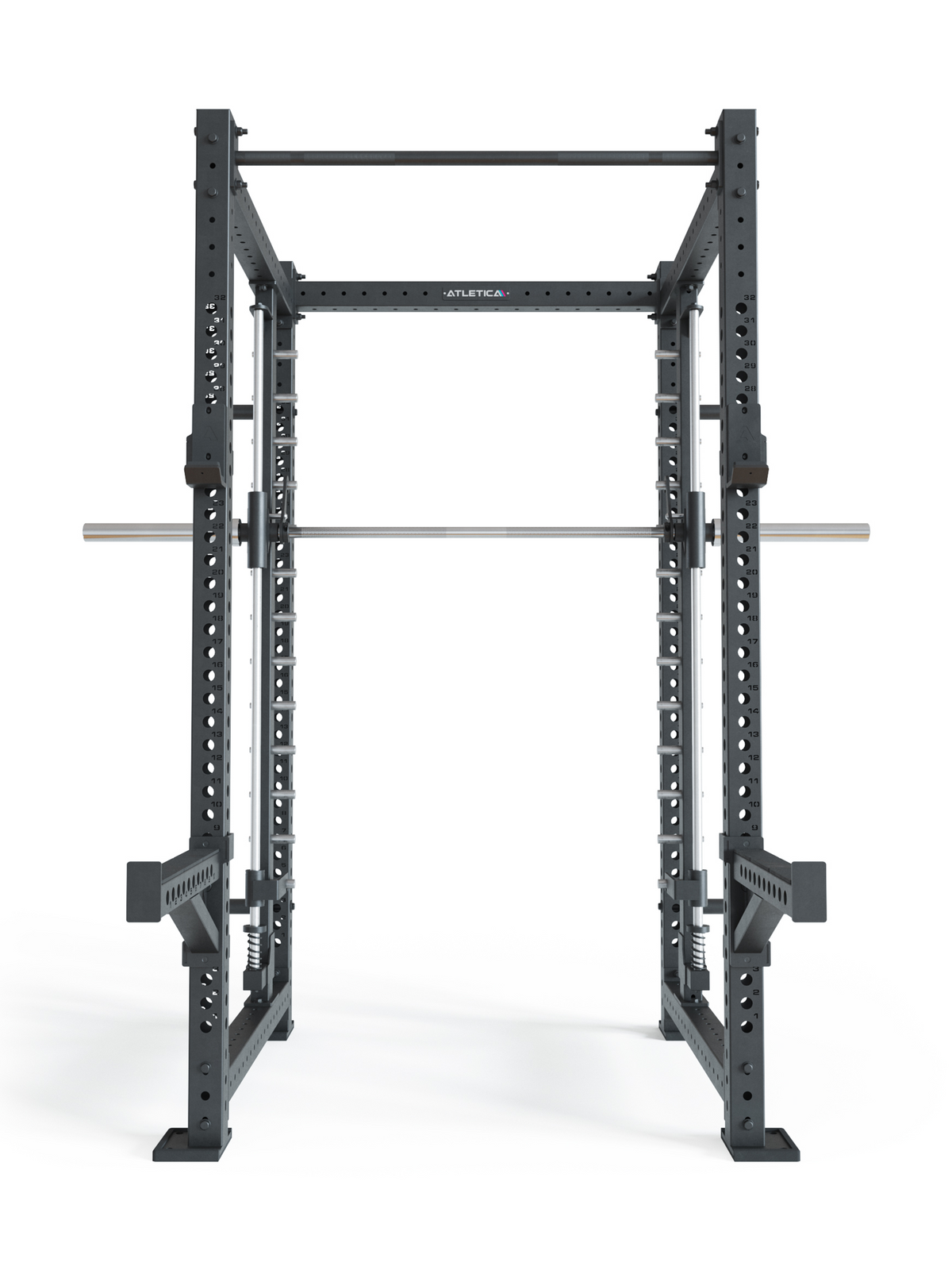 R8 Spectre Power Rack Long - black Smith Machine with barbell, holes at the top center