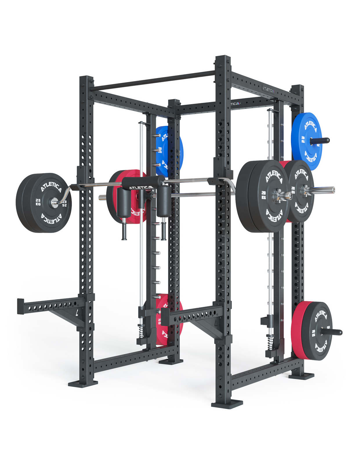 Atletica R8 Spectre Long power rack with Smith machine, bumper plates on bar and pegs