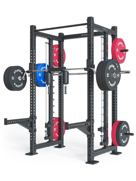 Atletica R8 Commander power rack loaded with color bumper plates on storage pegs