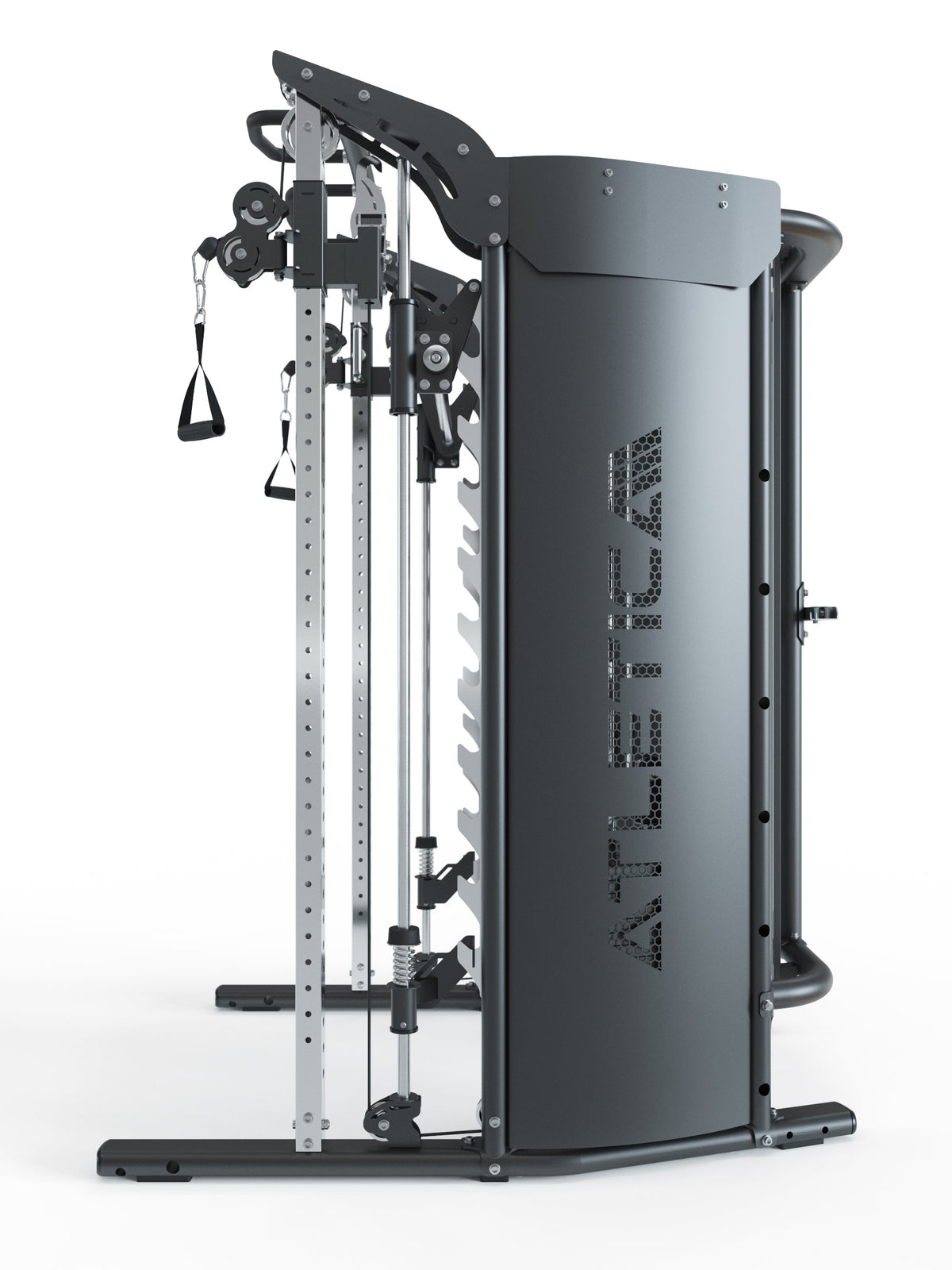 Atletica Quantum Home Gym Side View - for Guided Barbell Training Without Weight Plates by Coupling the Weight Stacks to the Smith Bar