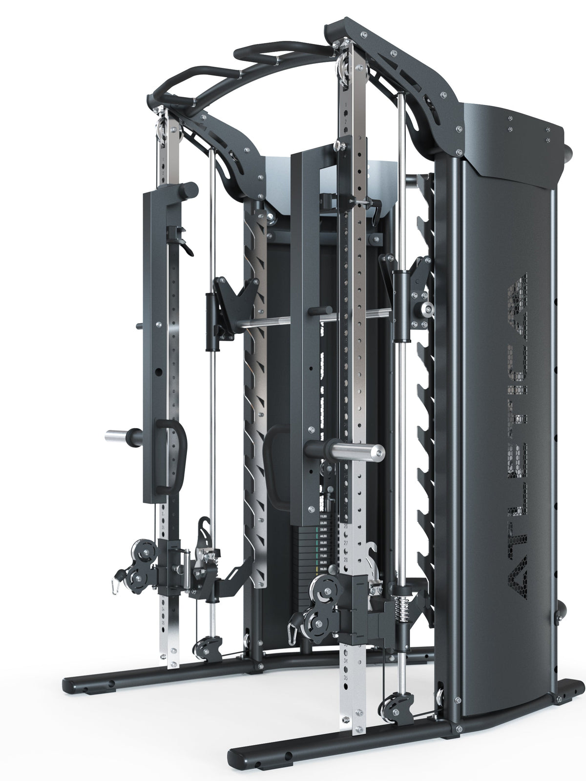 Quantum Home Gym with stainless steel uprights, J-Hooks, Jammer Arms and Safety Spotter loadable up to 550 lb, 31 height positions