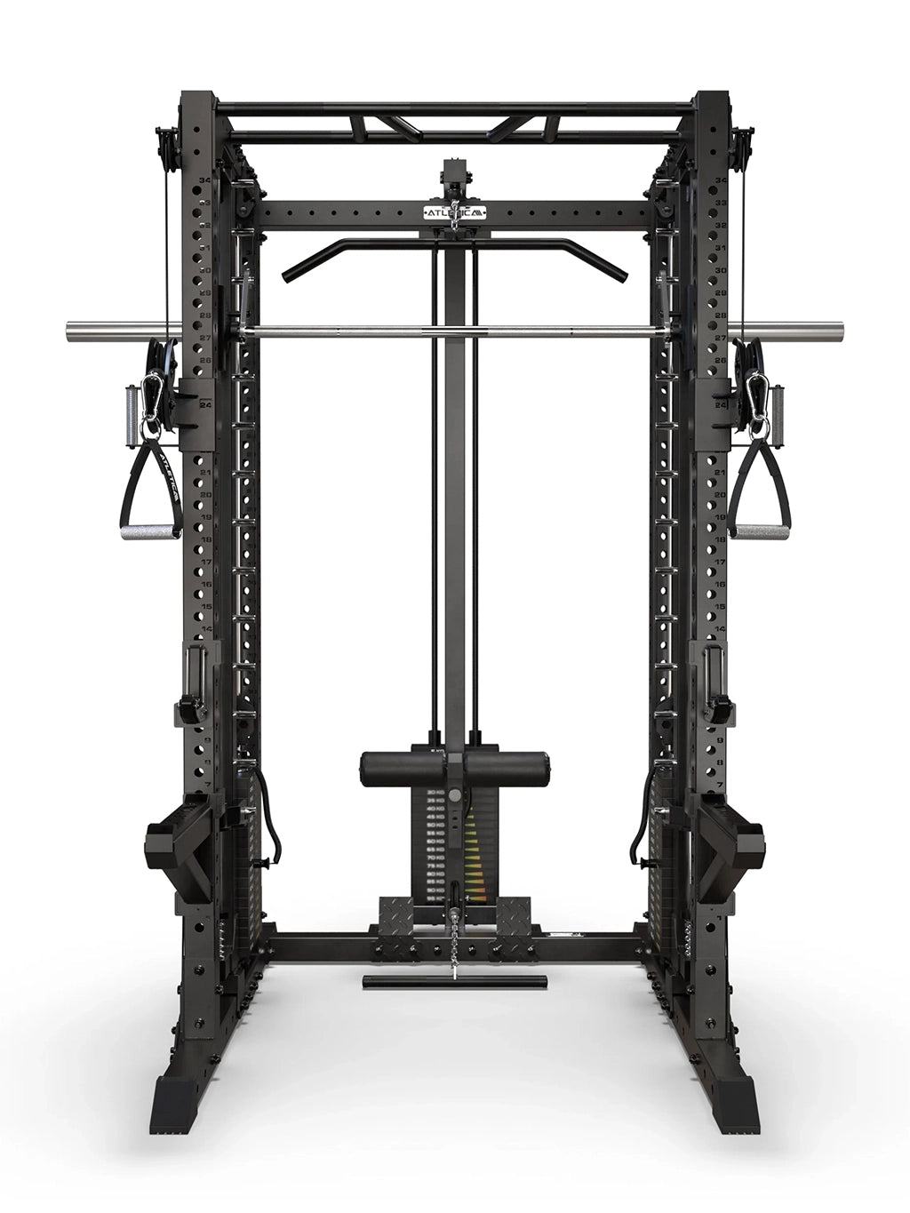 R7-Fighter Power Rack front view with Smith Machine, lat pulldown station, low row and Multi-Grip Pull-Up Bar