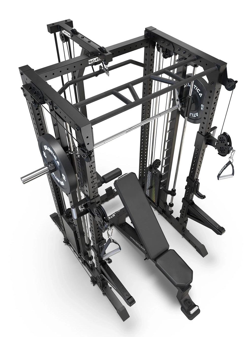 R7-Fighter Power Rack with Predator Adjustable Weight Bench in top view with Multi-Grip Pull-Up Bar and functional trainer