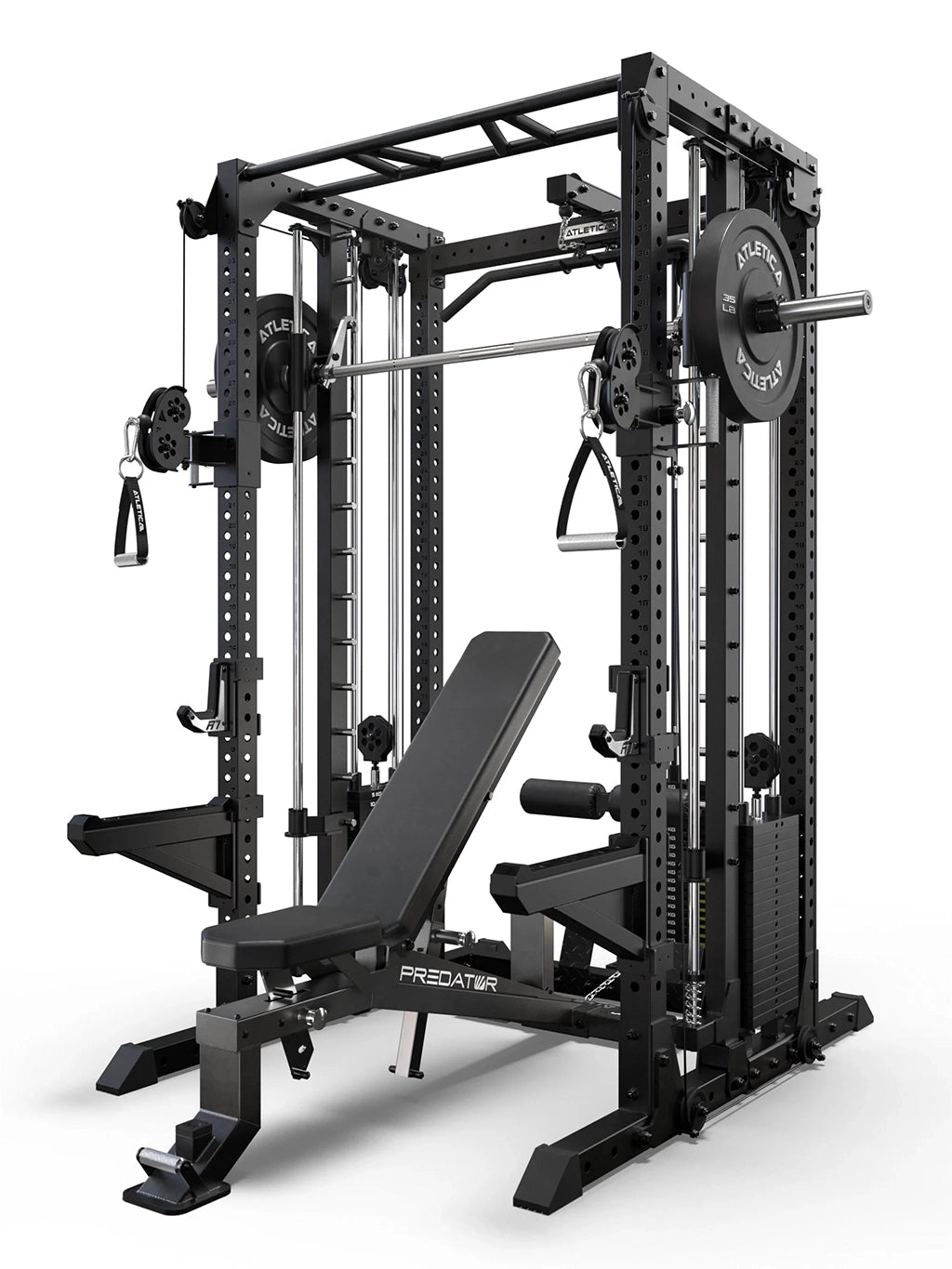 R7-Fighter Power Rack with Predator adjustable Weight Bench in black finish and integrated Smith Machine