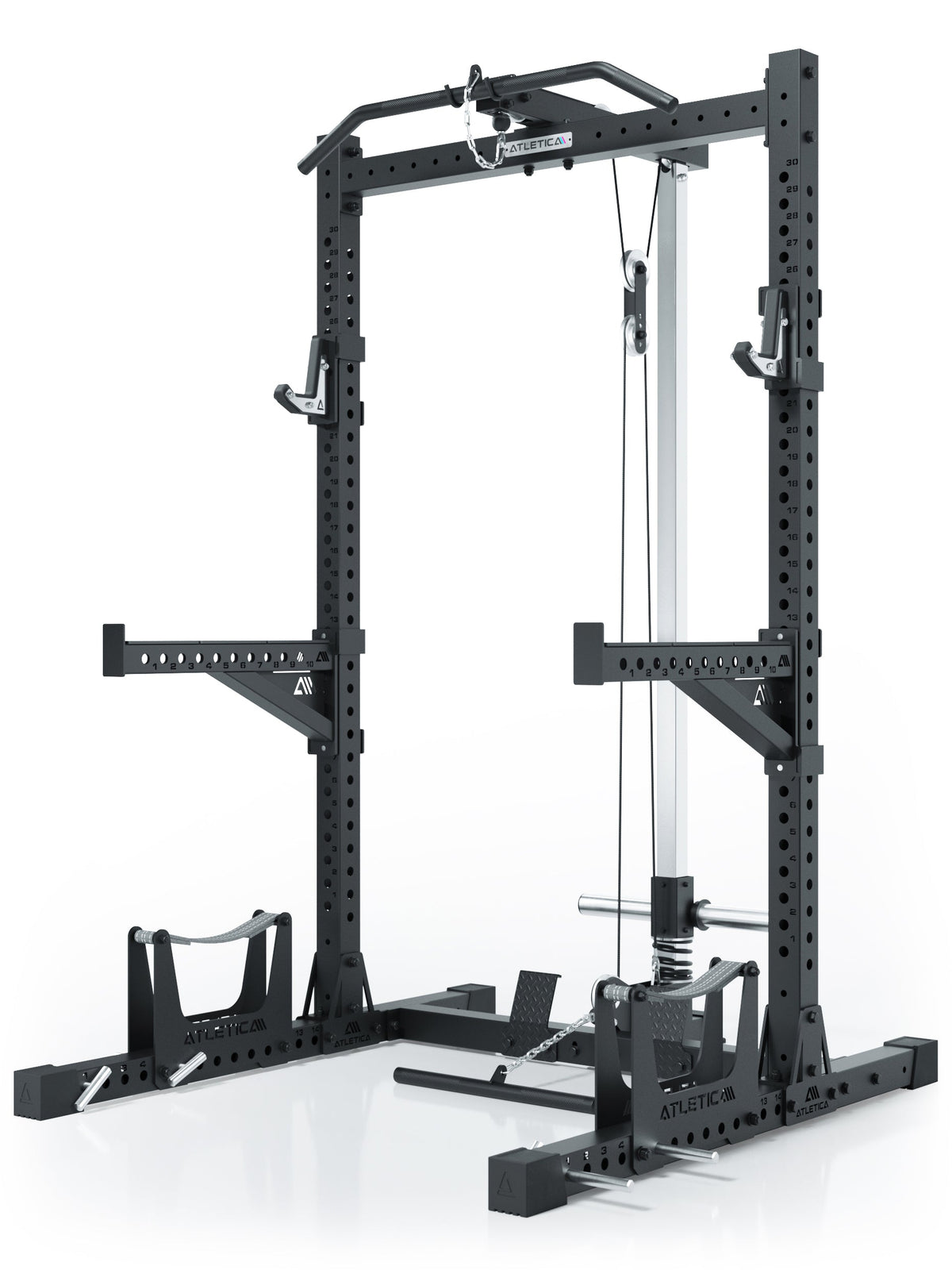 R7 Rider Power Rack Plate Loaded with lat pulldown, Pull-Up Bar, weight plate holders
