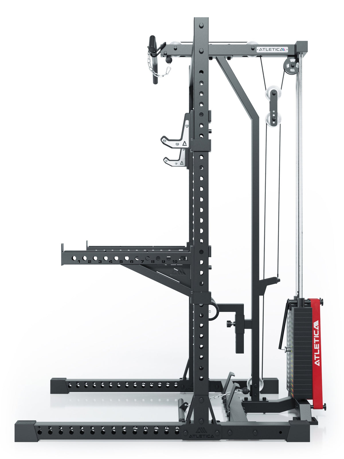 R7 Rider Squat Rack with lat pulldown, 210 lb weight stack, J-Hooks and Safety Spotter Arms