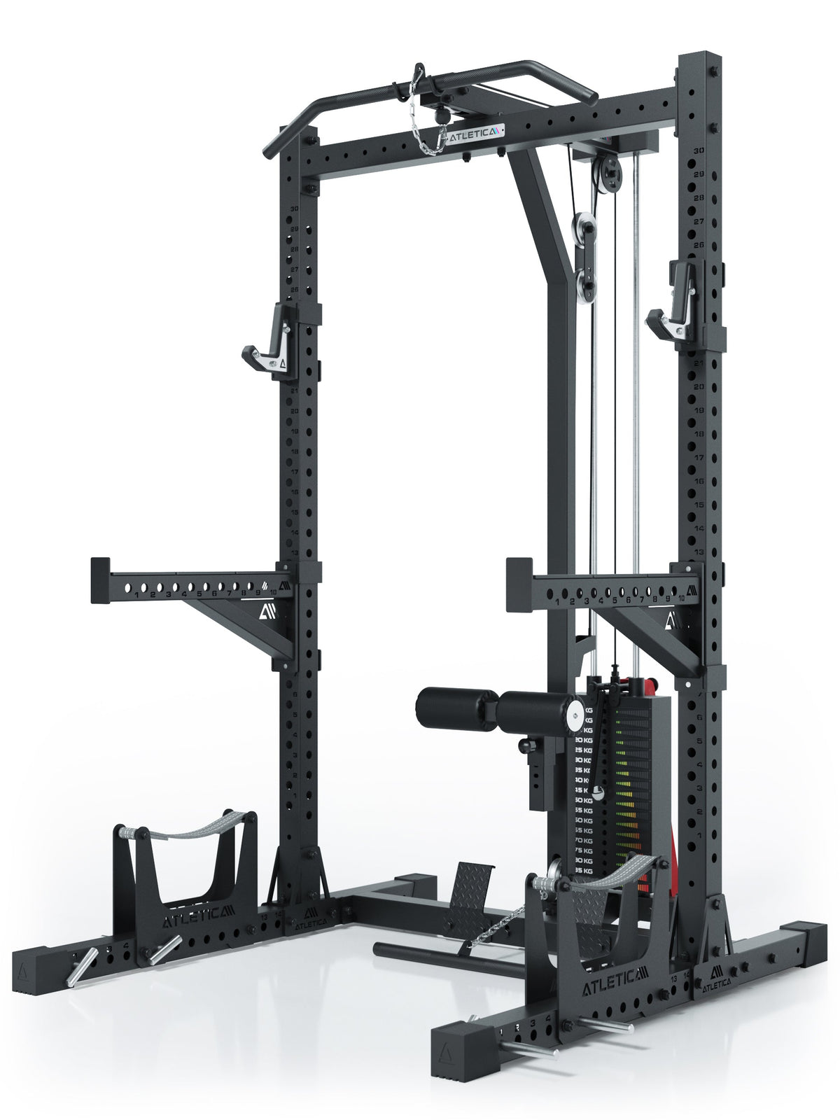 R7 Rider Squat Rack with lat pulldown, 210 lb weight stack, Deadlift Station, J-Hooks and Spotter Arms