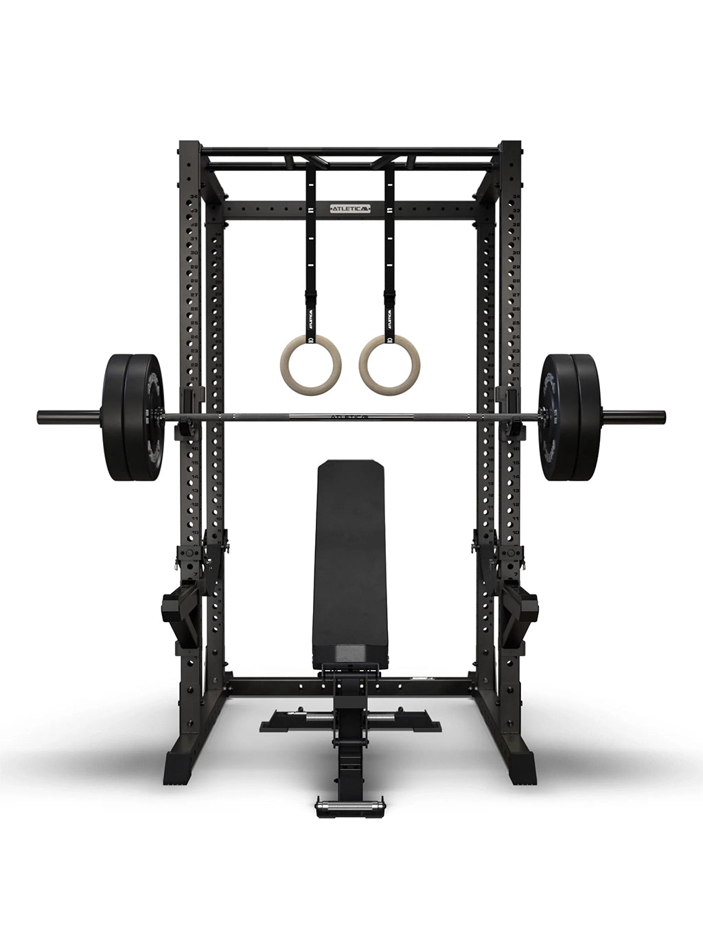 R7 Root Power Rack 88" with Performance J-Hooks, Spotter Arms, Multi-Grip Pull Up Bar, Raptor Weight Bench, Barbell with Bumper Plates and wooden gymnastics rings