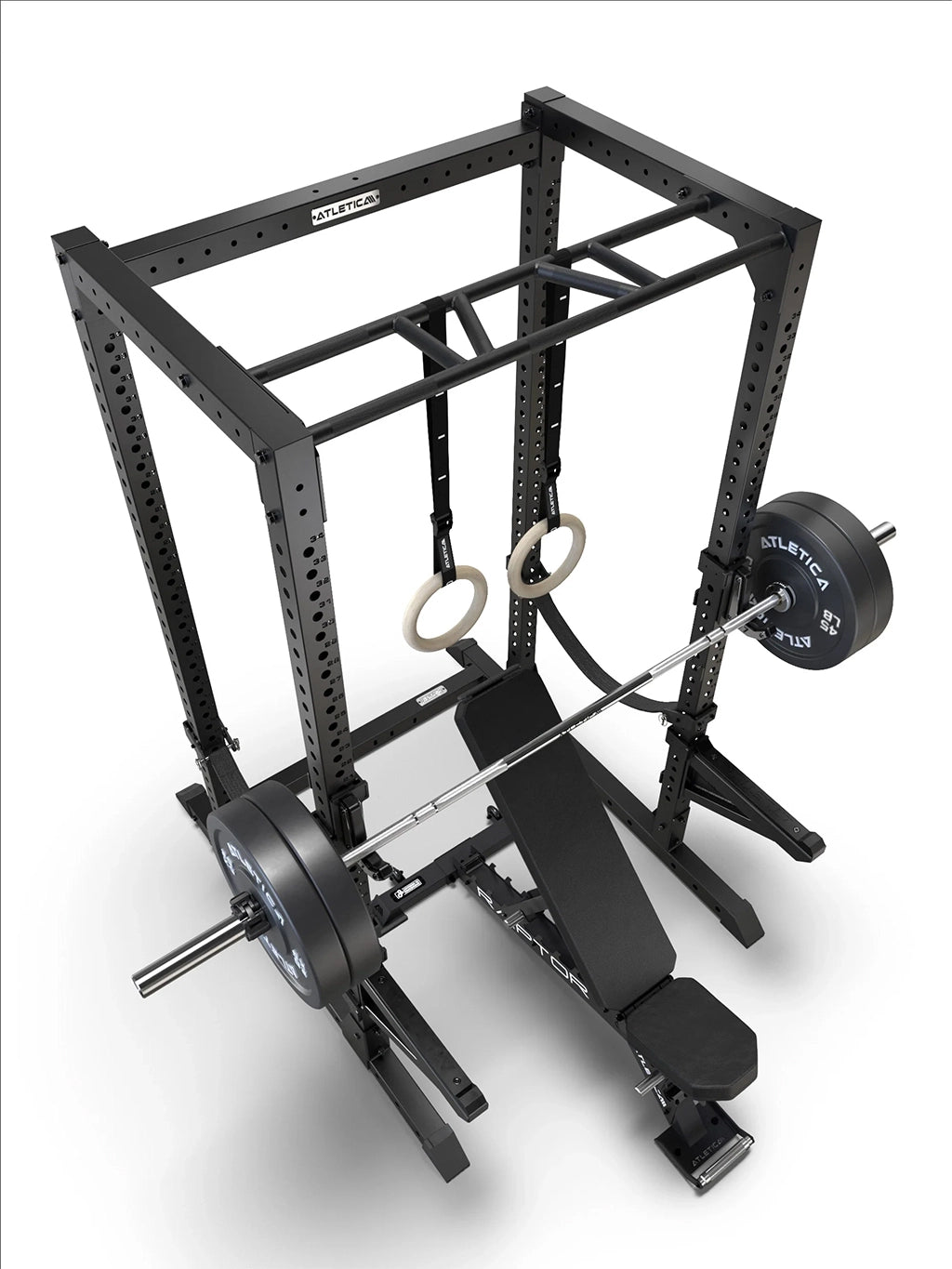 R7 Root Power Rack 88": top view of the cage with Raptor Weight Bench, wood gymnastic rings and Barbell with Bumper Plates