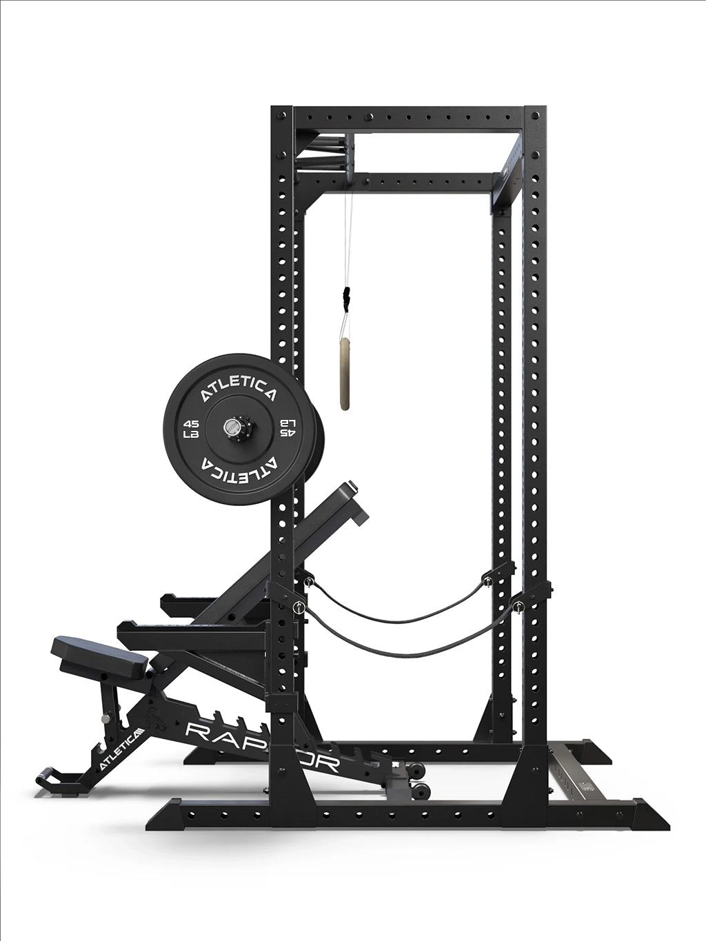 R7 Root Power Rack 88": 4-Post Cage with Performance J-Hooks and Spotter Arms, Side View with Barbell with Bumper Plates, Gymnastic Rings and Atletica Raptor Weight Bench