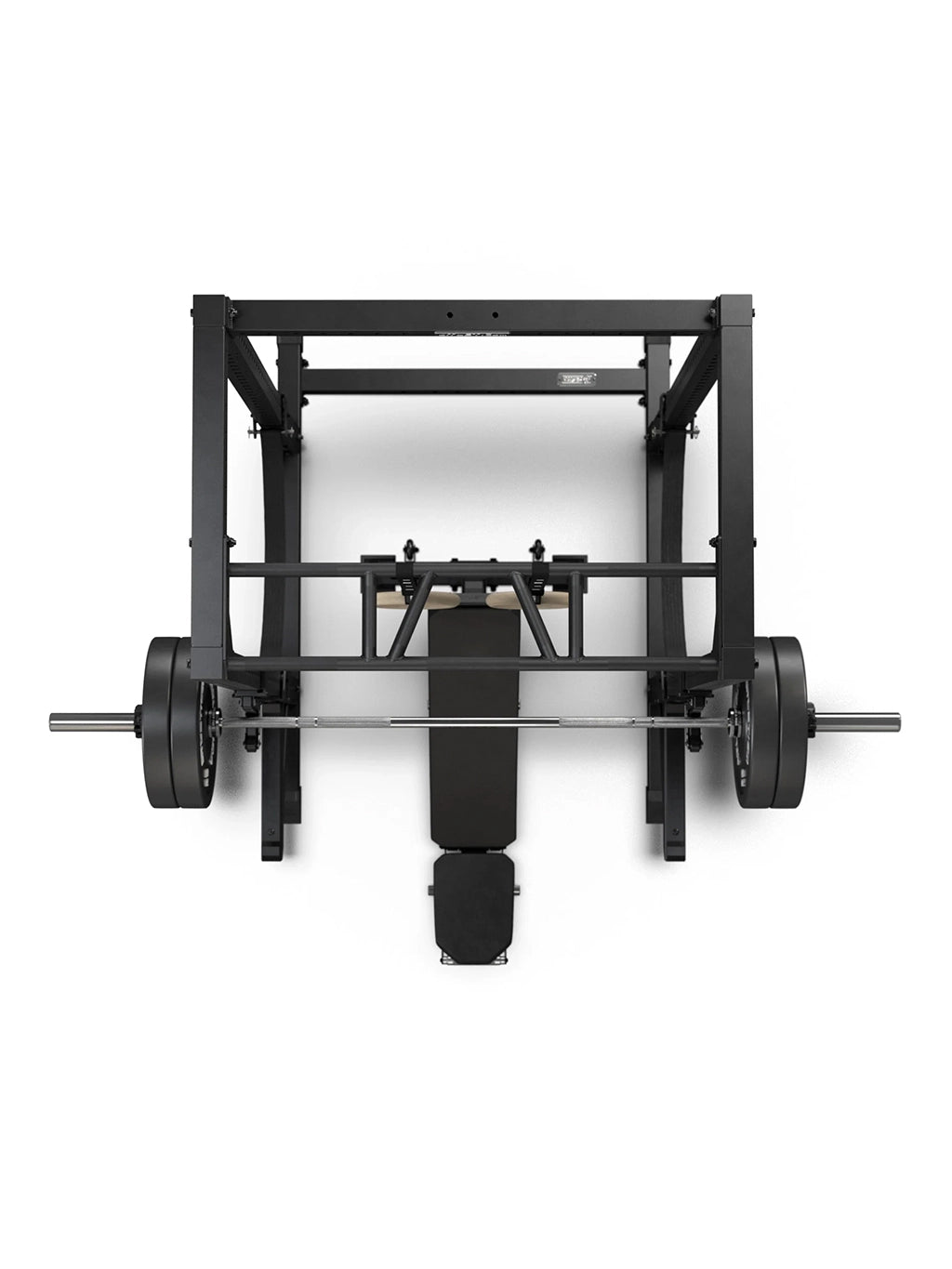 R7 Root Power Rack 88": Cage top view with Performance J-Hooks, Spotter Arms, Multi-Grip Pull Up Bar, weight bench and barbell with Bumper Plates