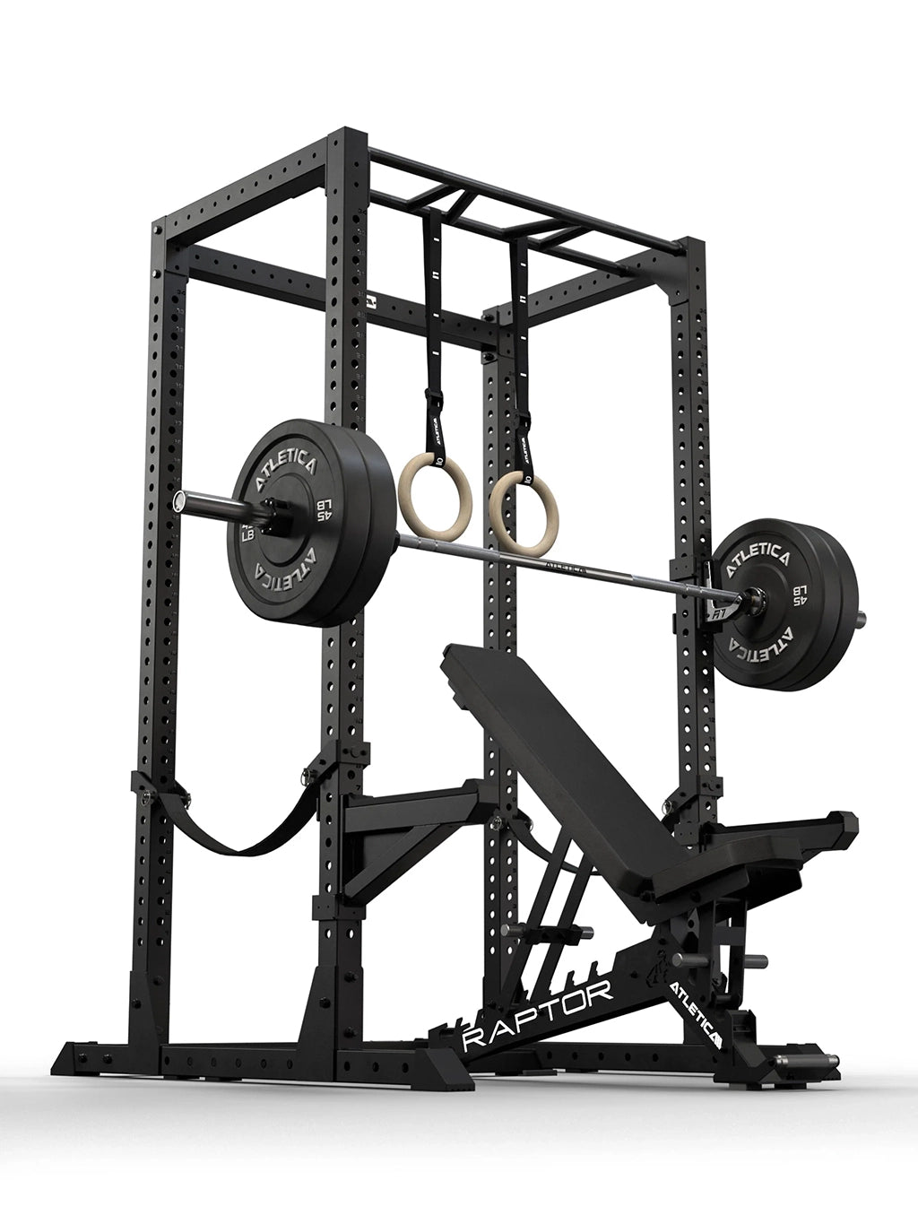 R7 Root Power Rack 88": 4-post Cage with Performance J-Hooks, Spotter Arms, Safety Straps, Multi-Grip Pull Up Bar, wooden gymnastic rings, Raptor Weight Bench and Barbell with Bumper Plates