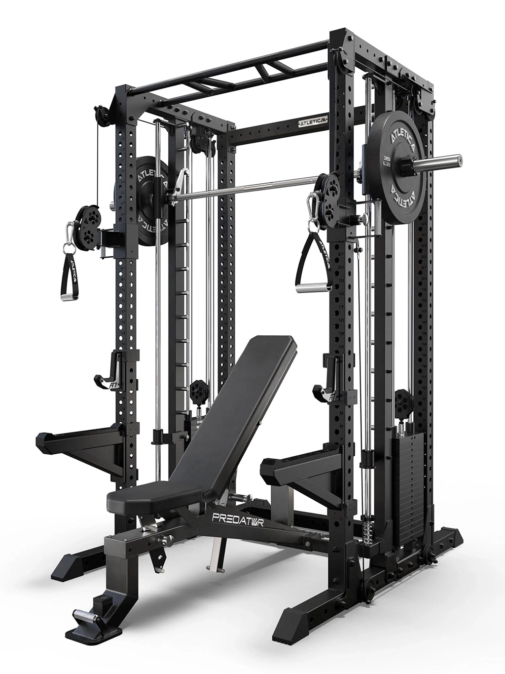 R7 Fighter Base Power Rack with Predator adjustable Weight Bench in black finish and Functional Trainer