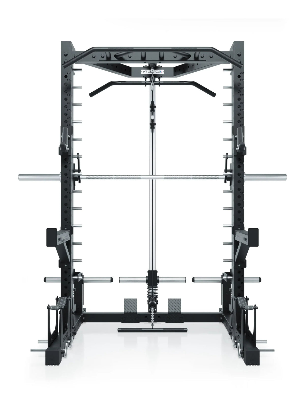 R7 Nemesis Squat Rack Plate Loaded with Smith Machine, pull-up bar, Safety Spotter Arms, for full-body strength training