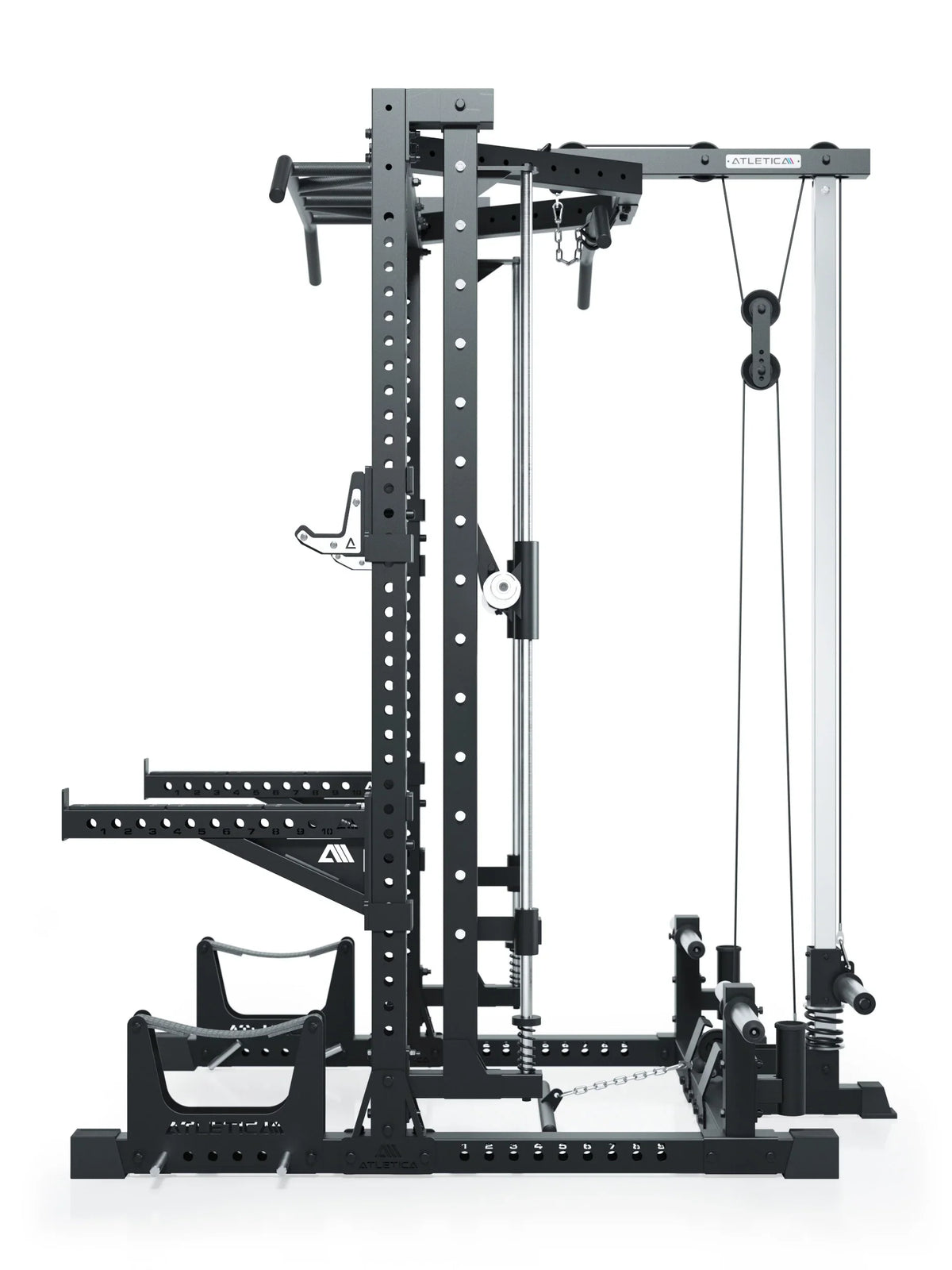 R7 Nemesis Squat Rack with pull-up bar, cable pulley, weight plate storage