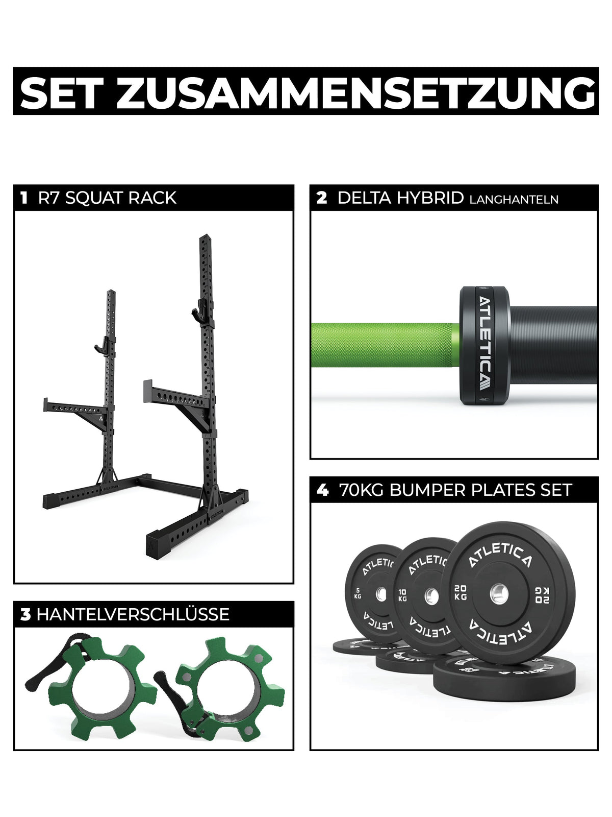 Squat Rack Force Set R7: Barbell, 155 lb Bumper Plates, Collars