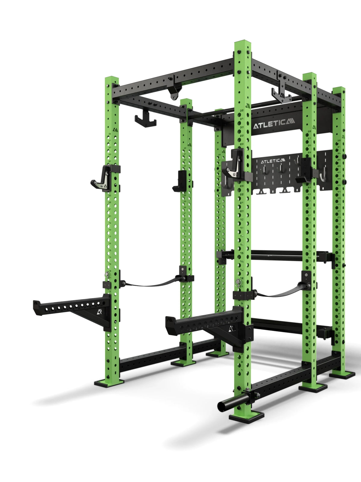 Atletica R8 Utile power rack, electric green uprights, angled front view