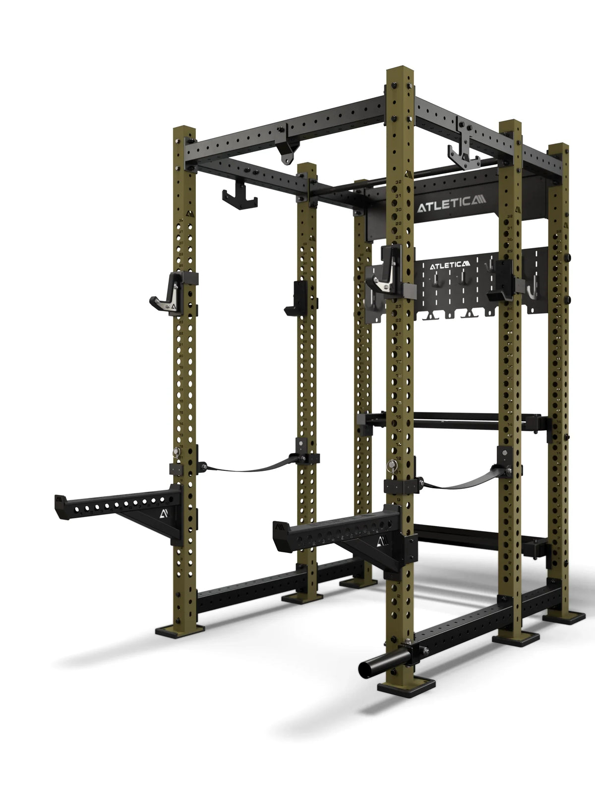 Atletica R8 Utile power rack, military green uprights, angled front view, close-up