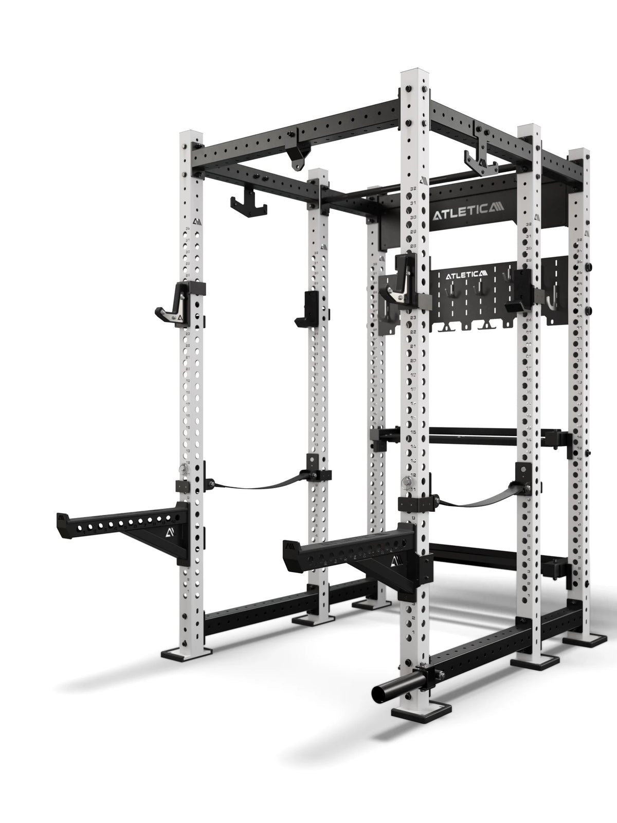 Atletica R8 Utile power rack, white uprights, angled front view