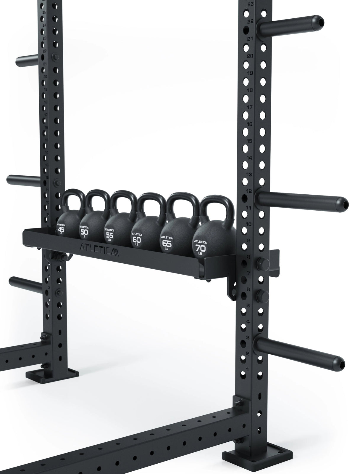 R8 Storage with Kettlebells and side Weight Plate holders on the Power Rack, load capacity up to 1,400 lb