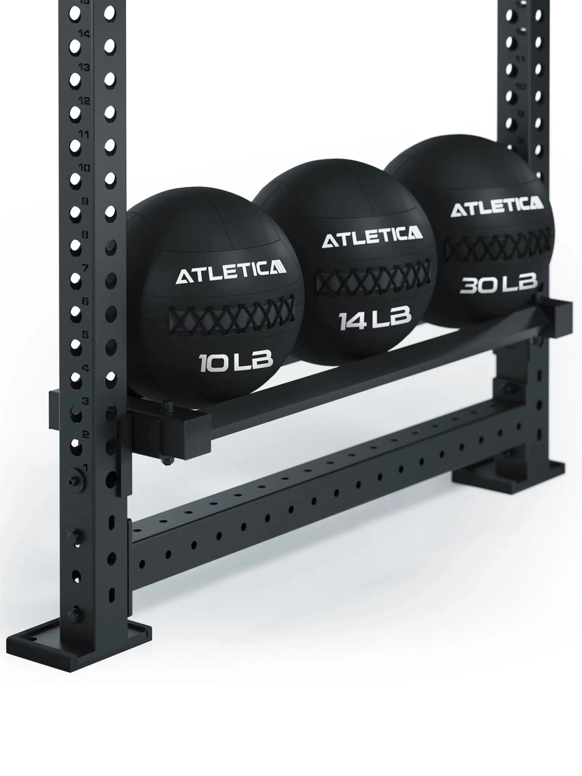 R8 Storage for Weights - side view with Wall Balls, mounted on the rack