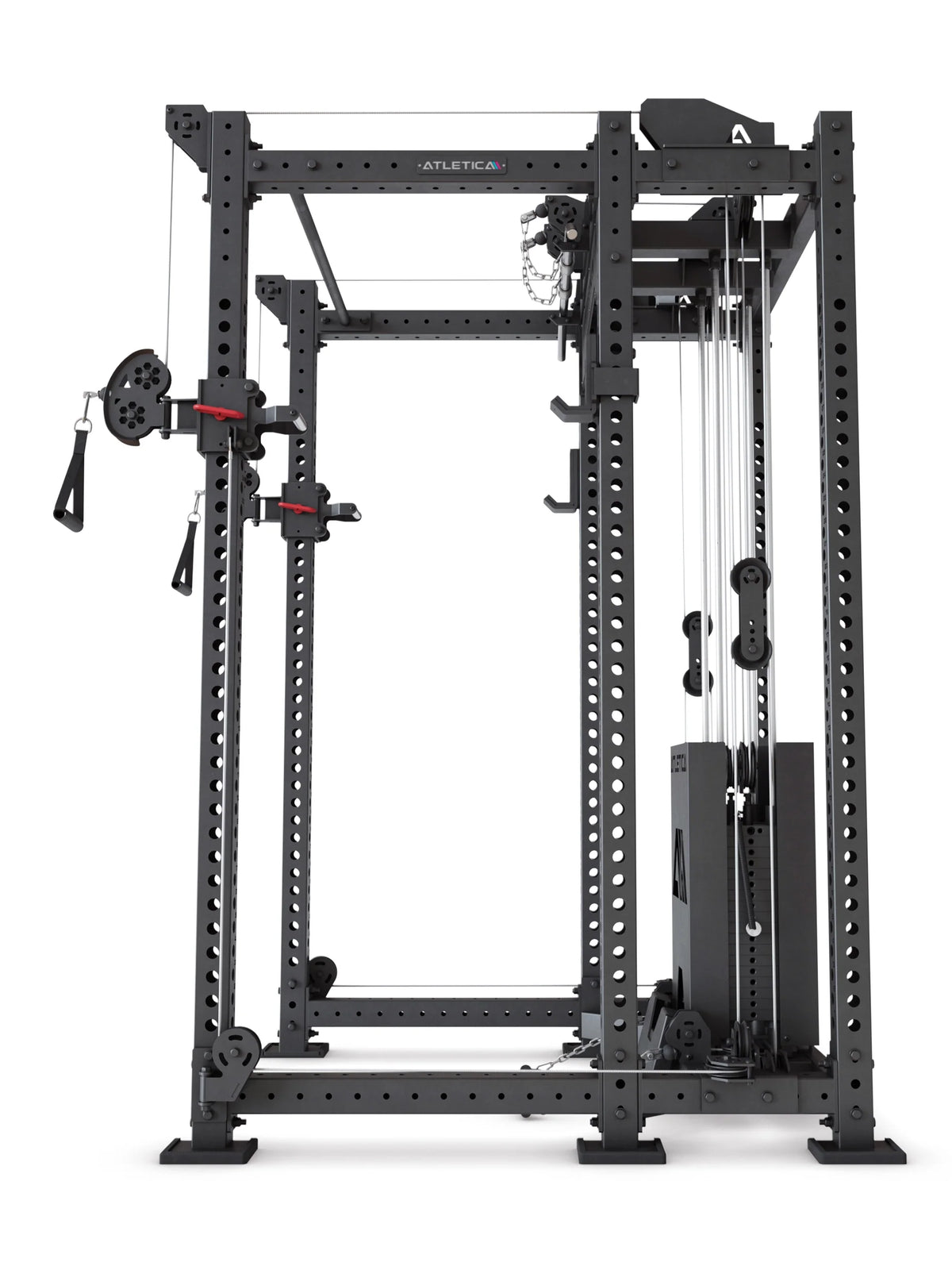 R8 Alpha Power Rack - side view cable tower with weight stack and guide rails