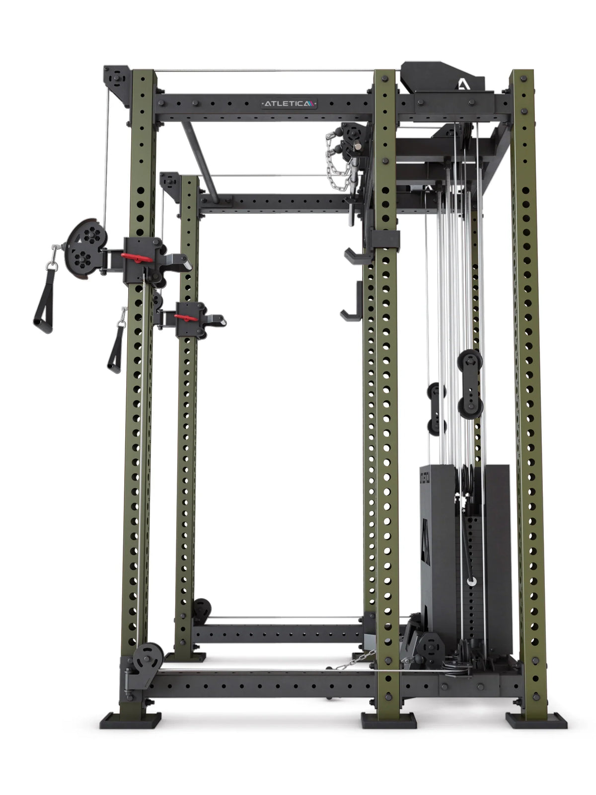 R8 Alpha Power Rack - side view cable tower with weight stack and guide rails
