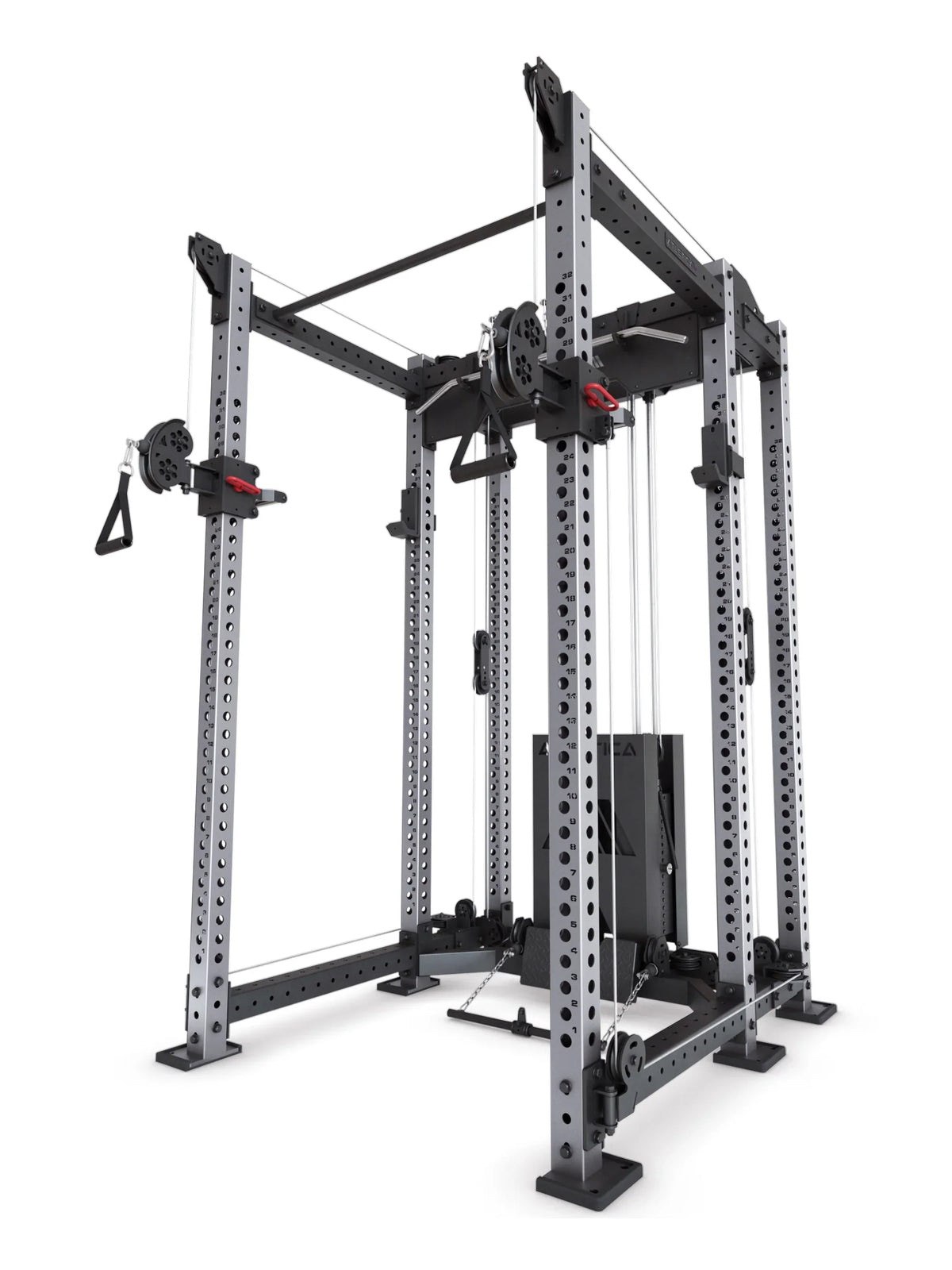 R8 Alpha Power Rack side perspective - with dual Cable Pulley with weight stack