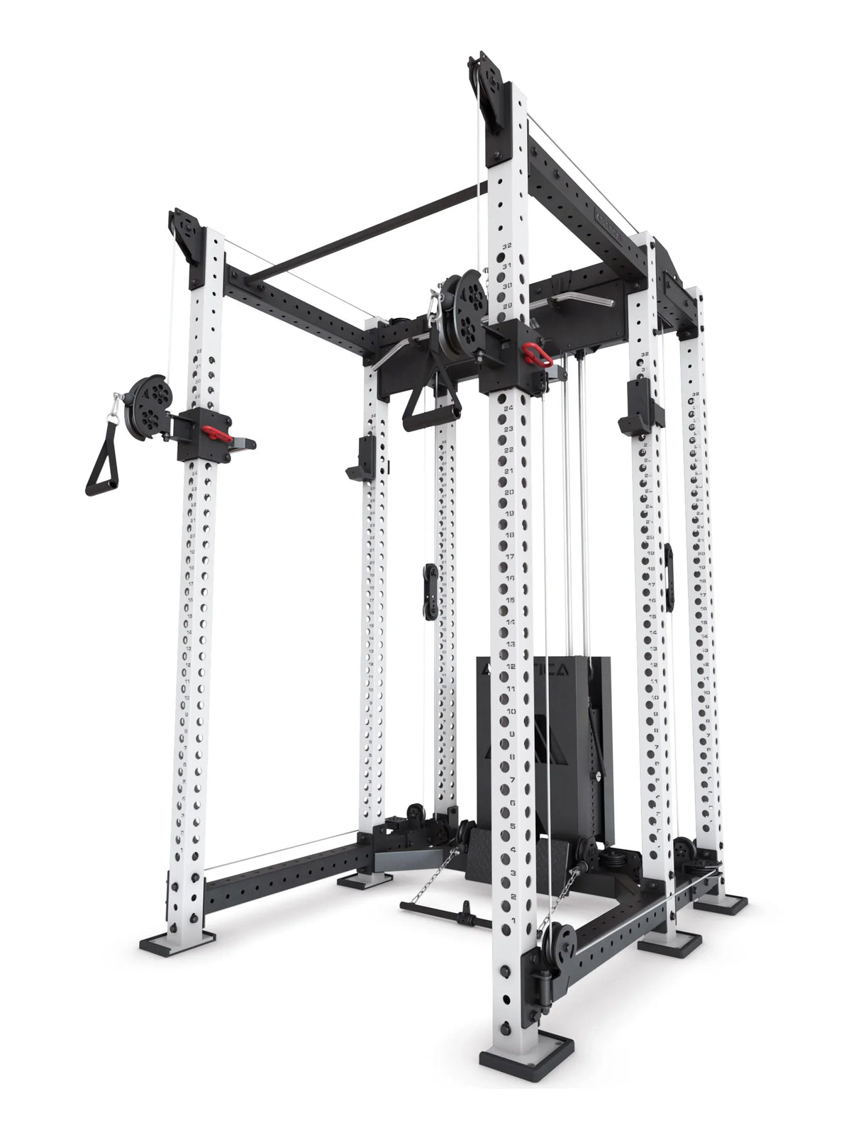 R8 Alpha Power Rack side perspective - with dual cable pulley with weight stack