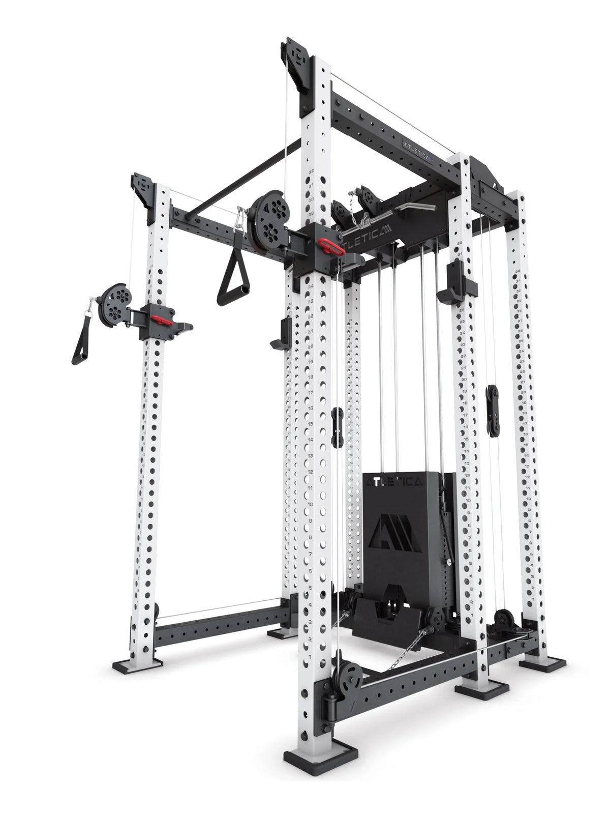 Atletica R8 Alpha Power Rack with functional trainer - in white, with cable pull and multi-grip pull-up bar