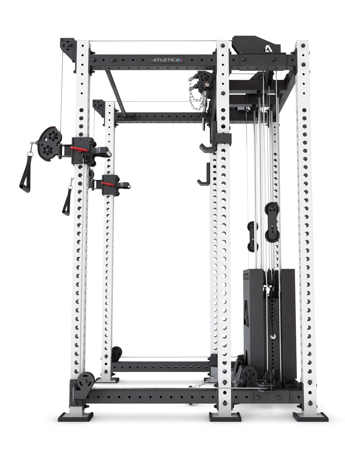 R8 Alpha Power Rack - side view cable tower with weight stack and guide rails
