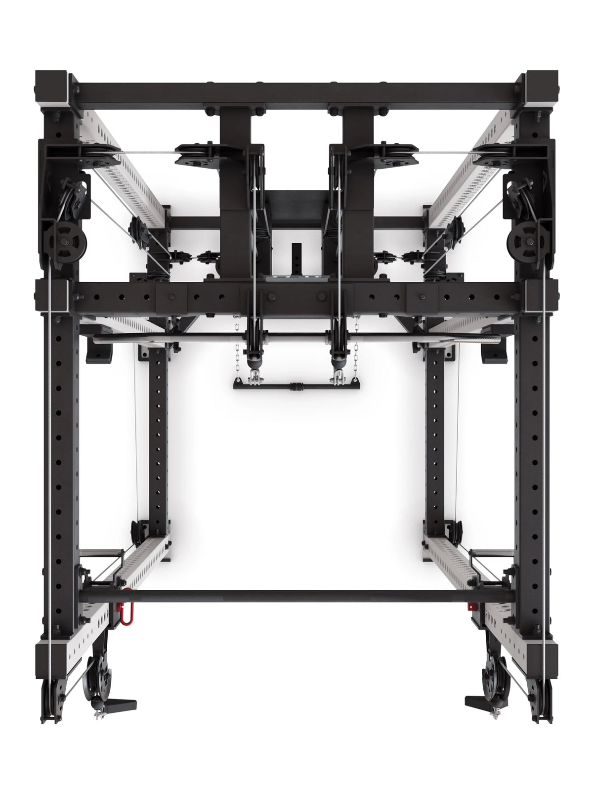 R8 Alpha Power Rack - top view frame structure with pulleys and cable system