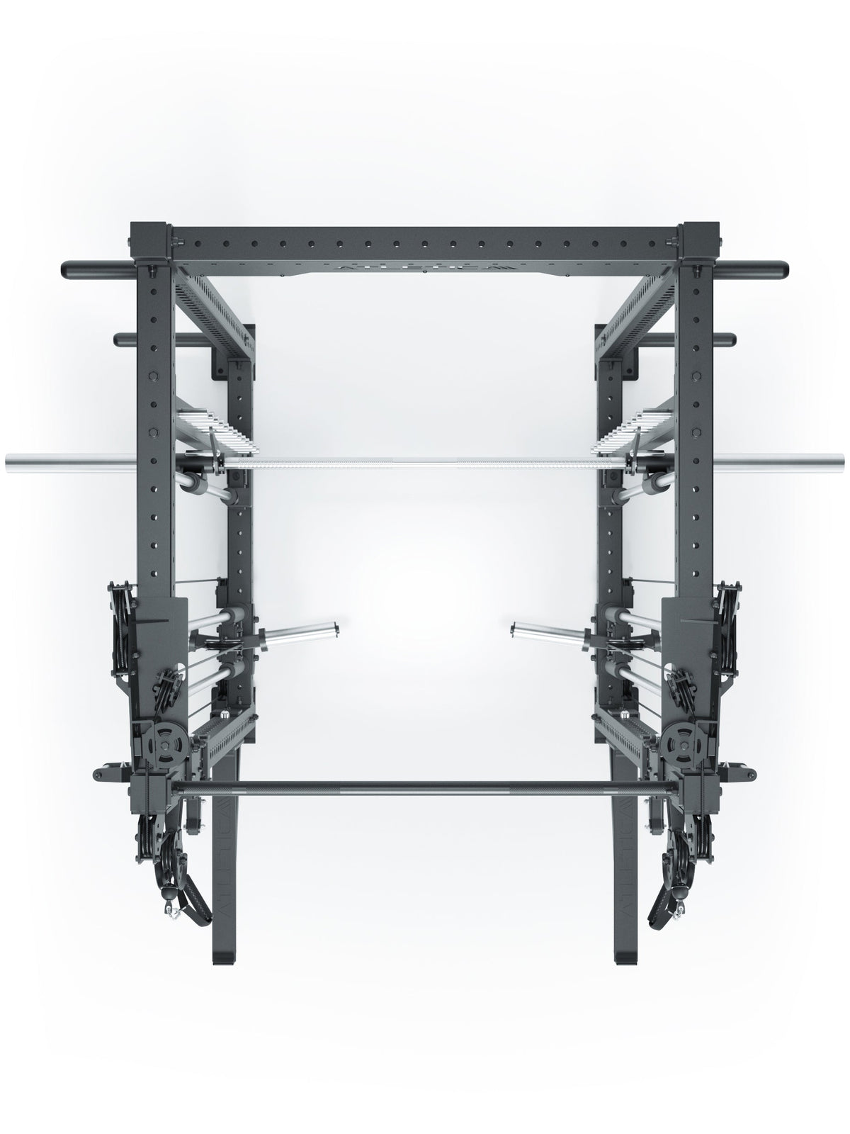 R8 Bradley Power Rack Combat Long Plate Loaded with barbell and safety rests for compound exercises