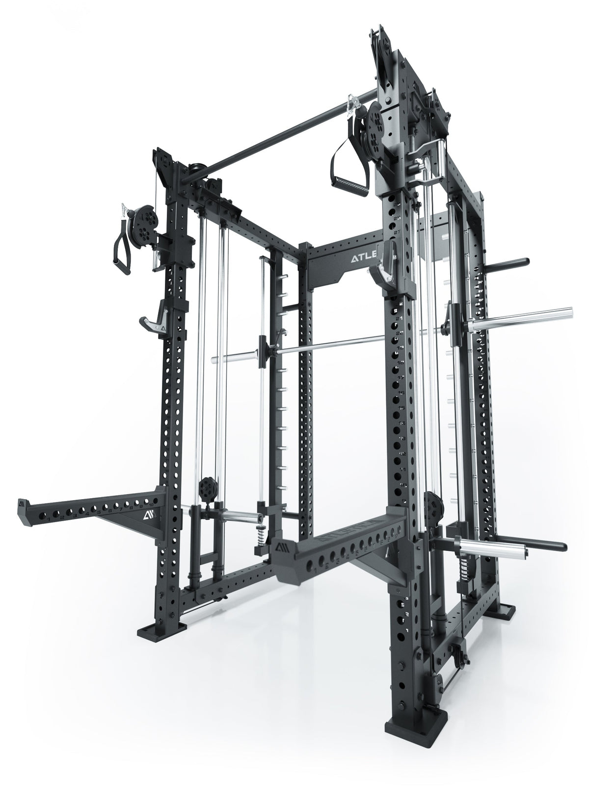 R8 Bradley Power Rack Combat Long Plate Loaded with pull-up bar, cable pulley and weight plate holders