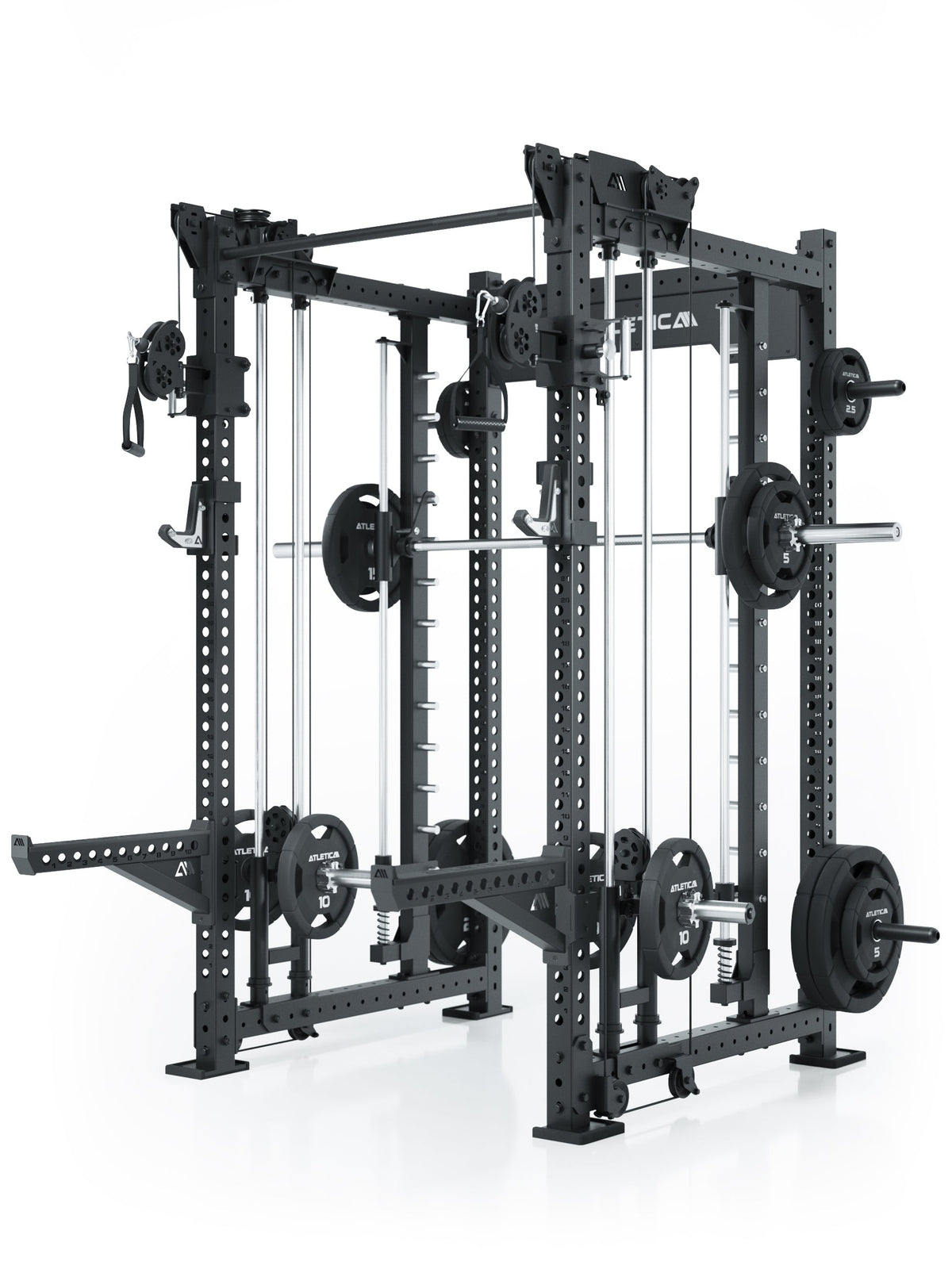 R8 Bradley Power Rack Combat Long Plate Loaded with weight plates, cable pulley and Pull-Up Bar