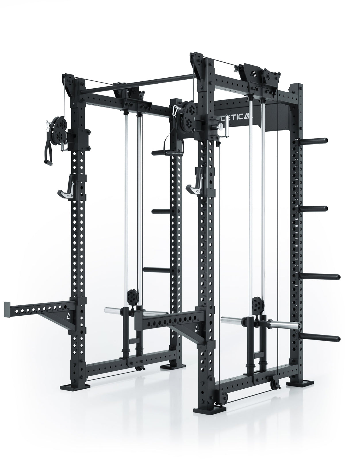 Atletica R8 Bradley Long plate loaded power rack, black, angled front view with dual cable pulleys