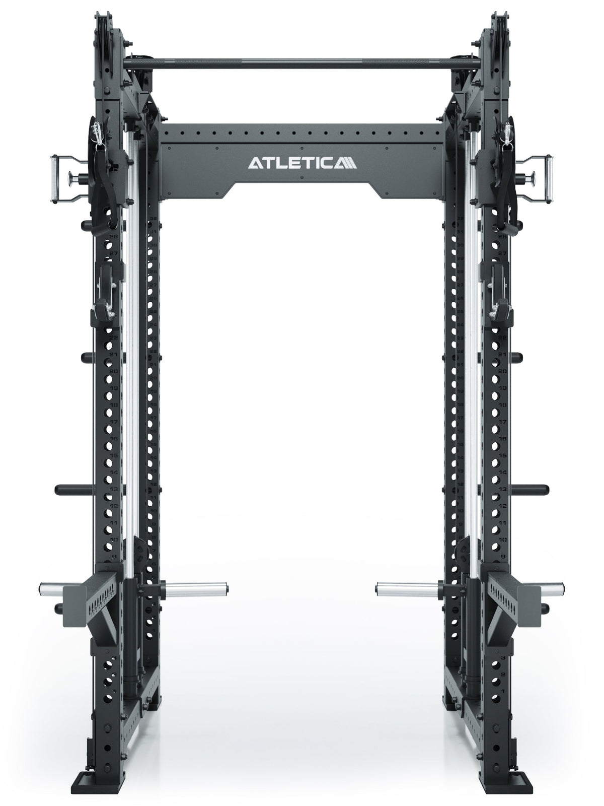 Atletica R8 Bradley Long plate loaded power rack, front view with logo crossbar
