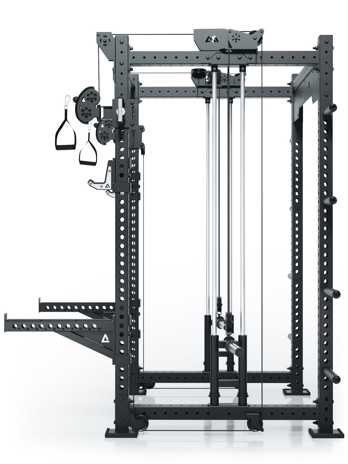 Atletica R8 Bradley Long plate loaded power rack, side view with cable pulley and D-handles