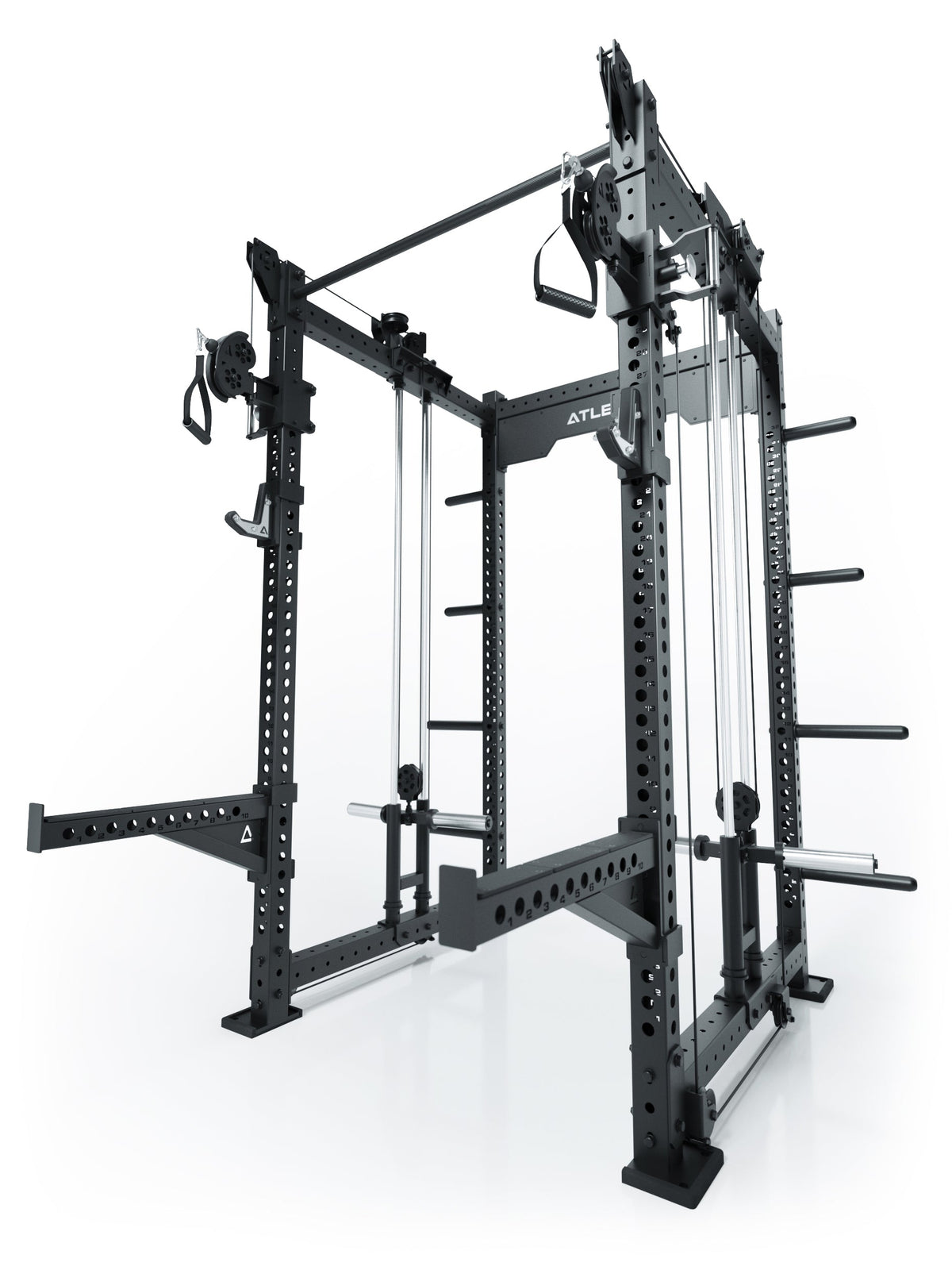 Atletica R8 Bradley Long plate loaded power rack, angled rear view