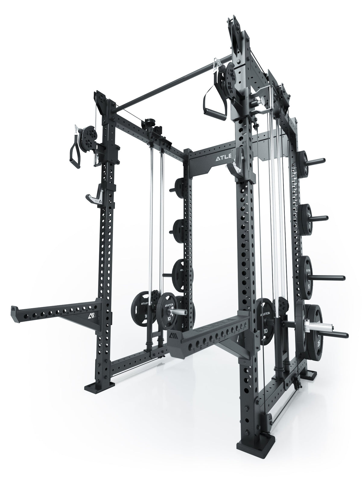 Atletica R8 Bradley Long plate loaded power rack with plates on the loading pins, angled view