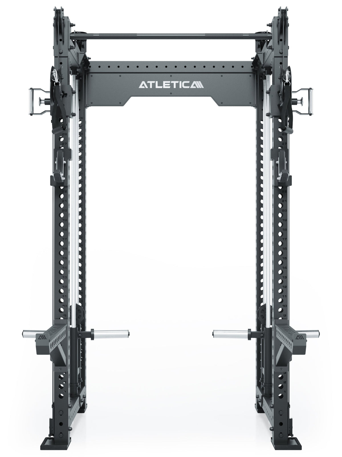 R8 Bradley Power Rack Medium Plate Loaded with pull-up bar and upper weight plate holders