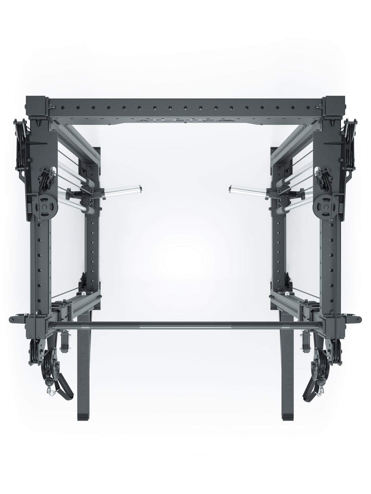 R8 Bradley Power Rack Medium Plate Loaded with weight plate holders and pull-up bar