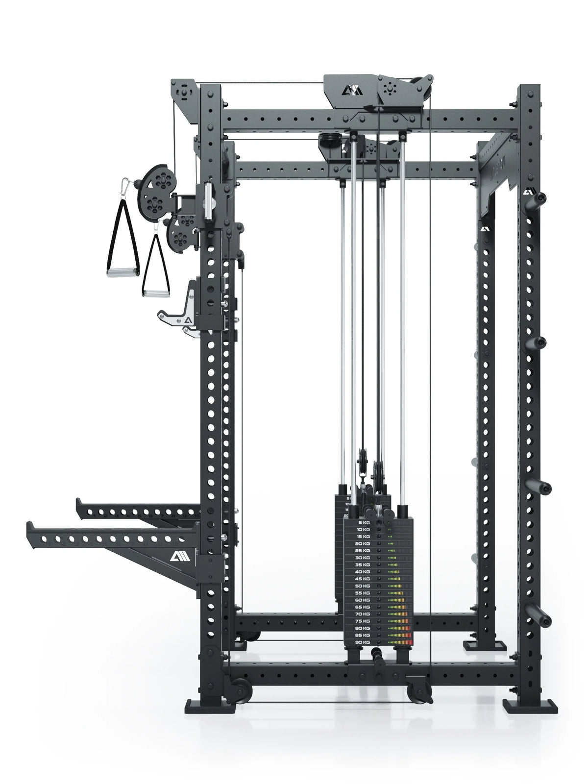 R8 Bradley Power Rack - black cage with weight stack, cable pulley, handles