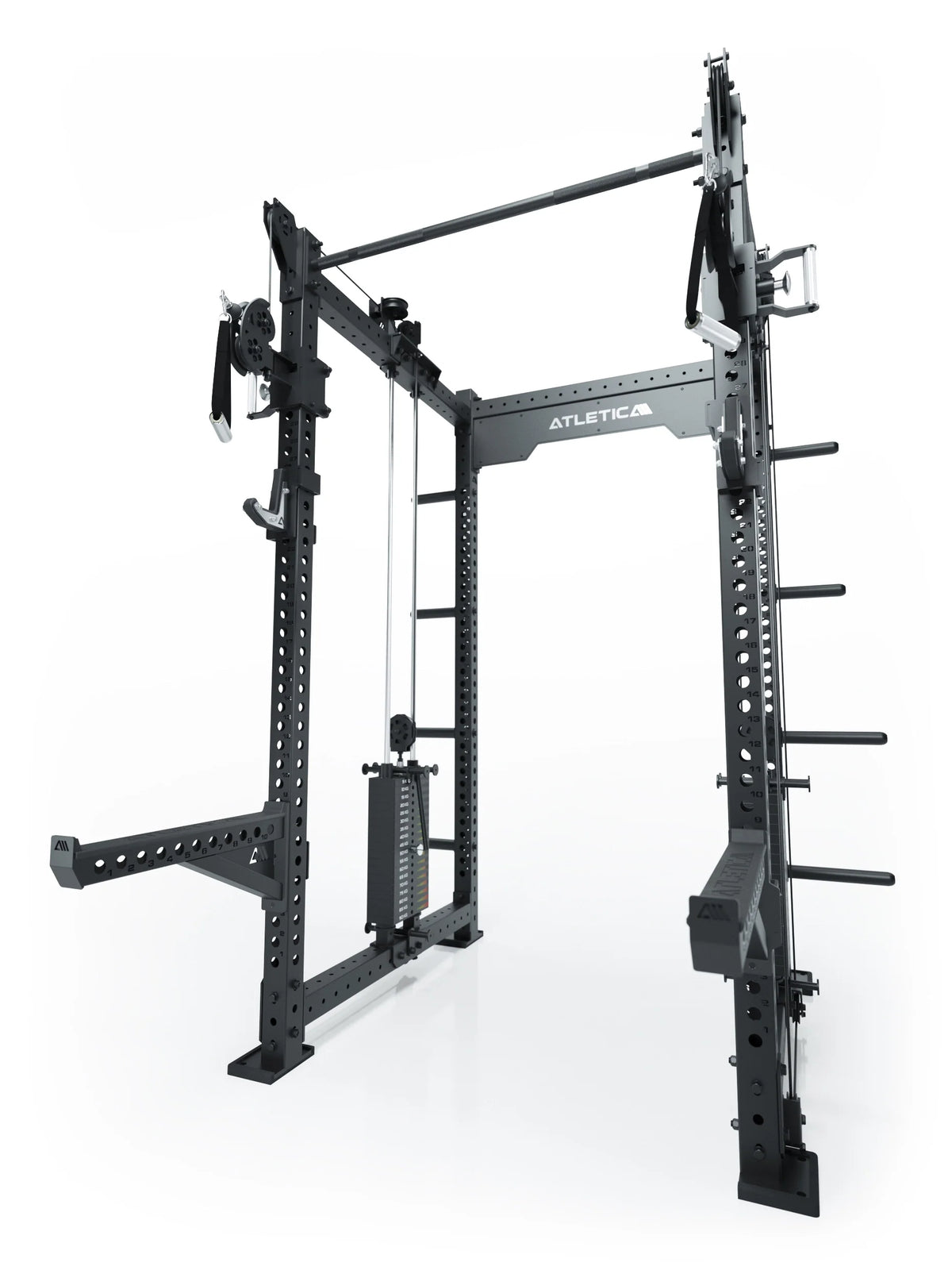 R8 Bradley Power Rack - black cage with lat pulldown, pull-up bar, weight plate holders