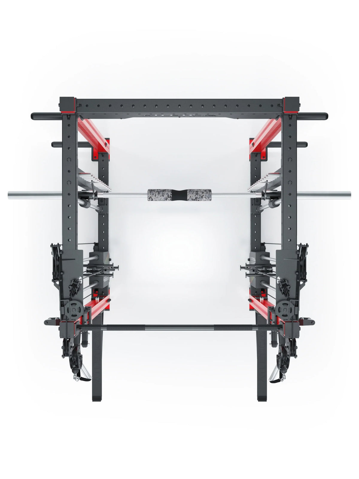R8 Bradley Combat Long - Power rack with two weight stacks, pull-up bar, cable pulley, barbell