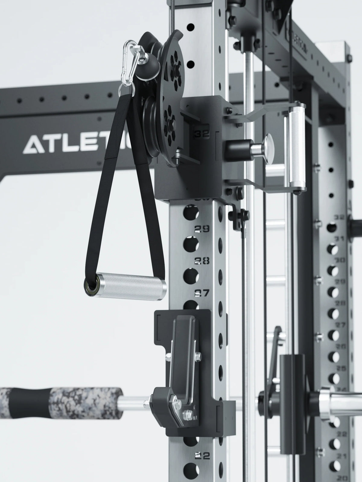 R8 Bradley Combat Long Stainless Steel Power Rack with functional trainer - pulley, carabiner hook and grip bar