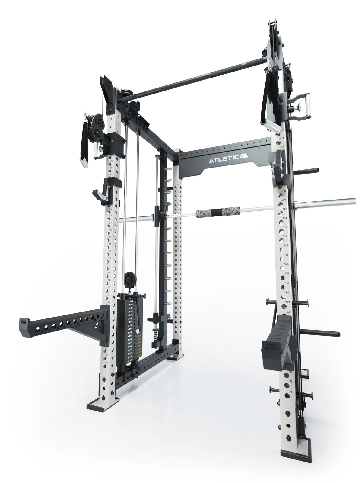 R8 Bradley Combat Long White Power Rack with Pull-Up Bar, dual Cable Pulley and 2x210 lb plug-in weights, modular