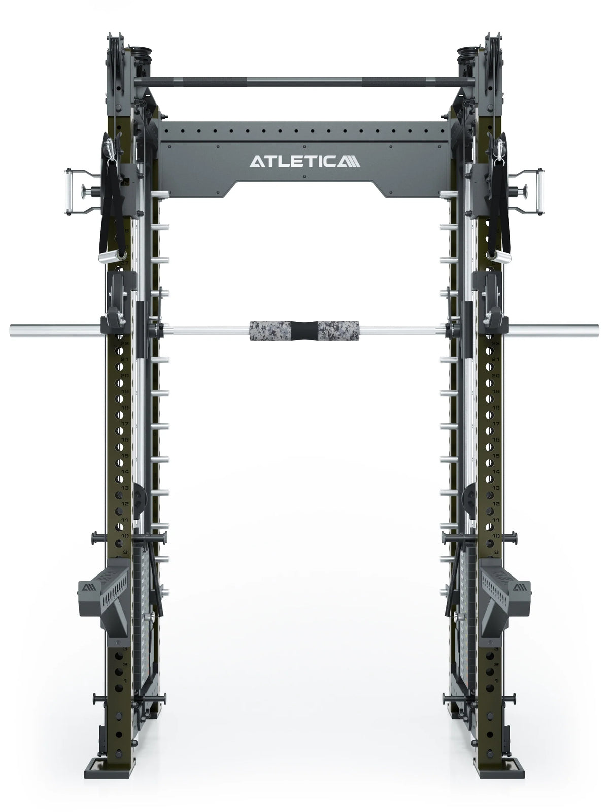 R8 Bradley Combat Medium Power Rack in Military Green with barbell, weight stack and Pull-Up Bar, modular